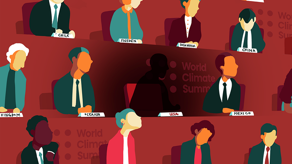 Illustration: Vertreter verschiedener Länder sitzen bei der UN-Klimakonferenz. Nur auf dem Stuhl der USA sitzt ein Schatten.