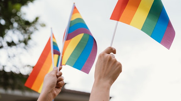 Hände halten Regenbogenfahnen