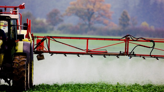 Ein Landwirt versprüht Pflanzenschutzmittel auf einem Feld.