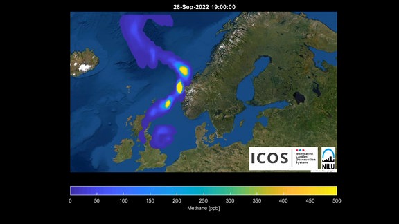 Eine Karte zeigt die Methan Emissionen des North Stream Pipline Lecks.