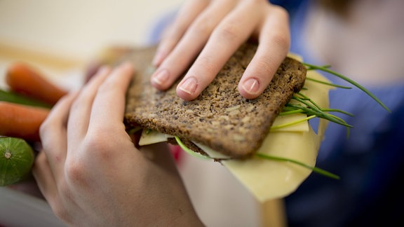 Schuelerin mit einem gesunden Fruehstueck, Schwarzbrot, Obst und Gemuese