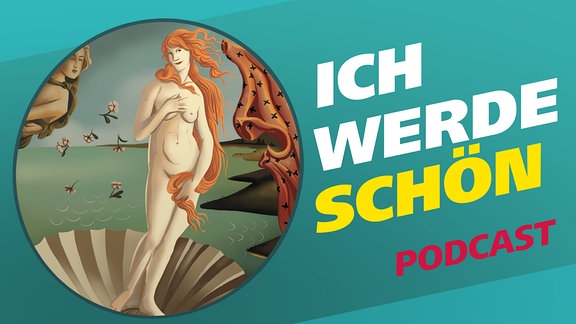 Covergrafik der Podcast-Folge von "Meine Challenge": Ich werde schön. Die Illustration zeigt eine nackte Frau, die in einer Muschelhälfte steht. Daneben der Schriftzug: Ich werde schön. Gestaltung: Jessica Brautzsch