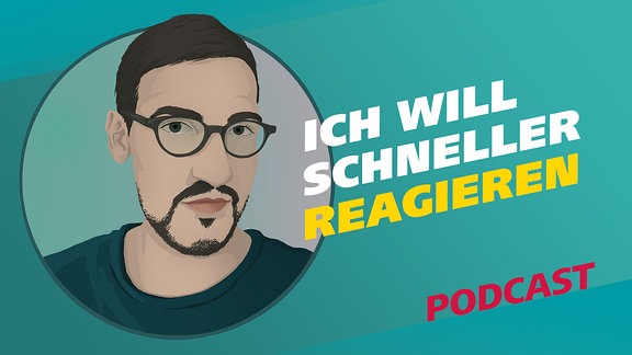 Die Illustration zeigt einen jungen Mann mit Brille, Bart, kurzen dunklen Haaren und einem dunkelblauen Shirt.