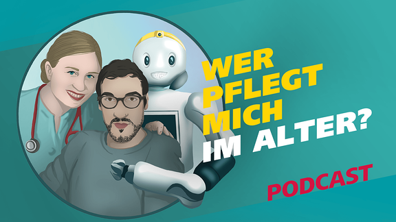 Die Illustration zeigt einen jungen Mann, hinter dem links eine Pflegerin und rechts ein Roboter stehen.