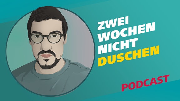 Die Illustration zeigt einen jungen Mann mit Brille, Bart, kurzen dunklen Haaren und einem grauen Shirt.