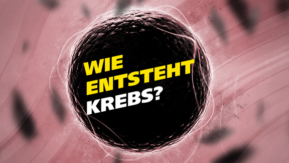 Schwarze Krebszelle vor abstrakter Textur. Schrift: Wie entsteht Krebs?