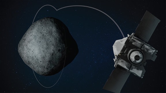 Touchdown-Manöver der Raumsonde Osiris-Rex auf Asteroid Bennu Künstlerische Darstellung