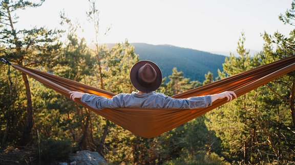 Rückenansicht eines nicht erkennbaren Mannes mit Hut, der in einer Hängematte liegt und sich in einem Wald mit grünen Bäumen an einem sonnigen Sommertag ausruht.