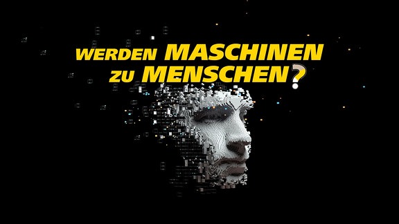 Viele kleine virtuelle Bausteine setzen sich zu einer künstlichen Kopfform zusammen. Schrift: Werden Maschinen zu Menschen?