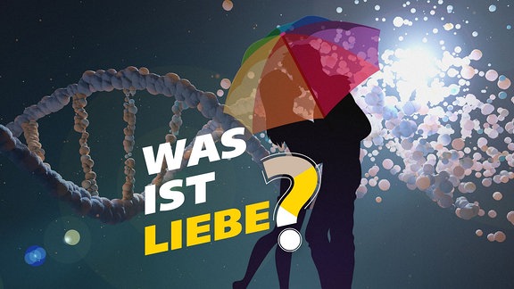 Zwei Menschen unter einem Sonnenschirm, eine DNA und der Schriftzug "Was ist Liebe"?