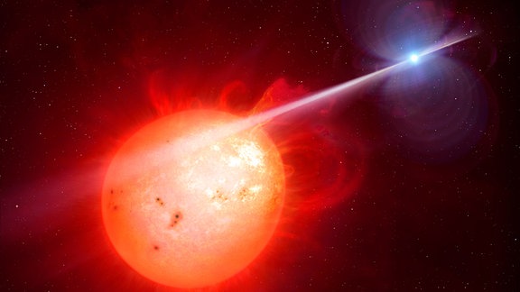 Eine künstlerische Darstellung vom weißen Zwergpulsar AR Skorpii (r.) und seinem Begleiter, einem roten Zwergstern. 